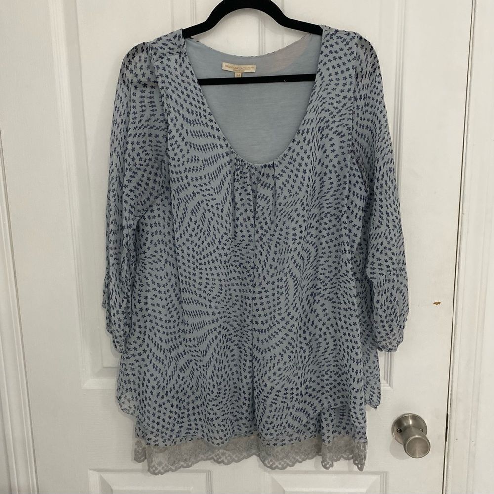 Prontomoda Giusy Italian Silk Tunic Blouse Blue Print Lace Hem Women’s Medium